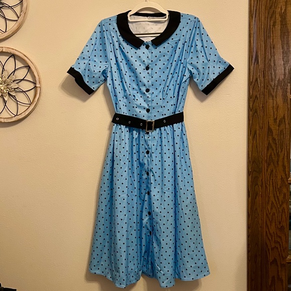 Women’s Blue and Black Polka-Dot Dress, NEVER WORN, Size Medium - Picture 1 of 9